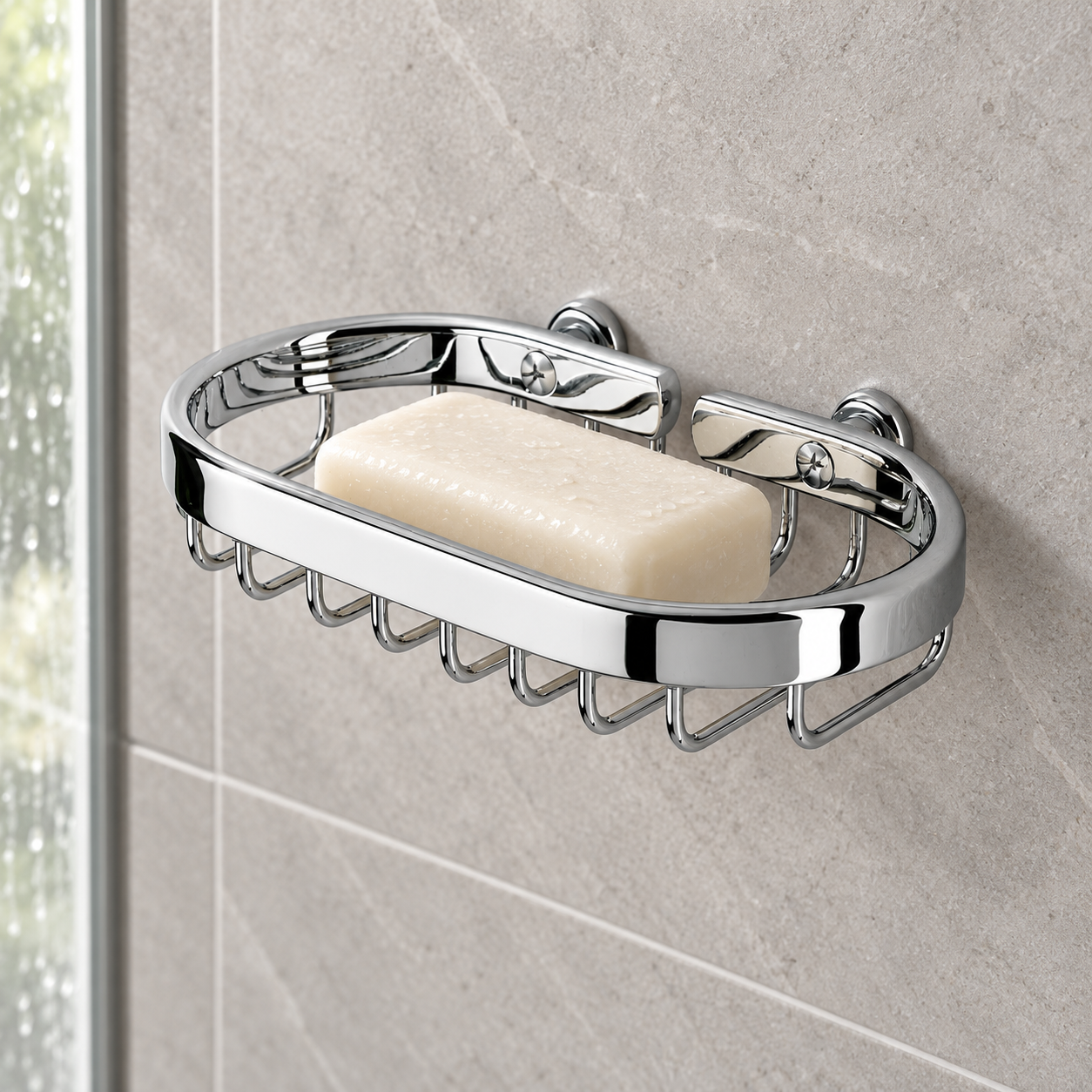 Geesa 1500 chrome soap basket mounted in a tiled shower