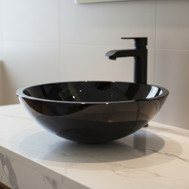 Lineabeta Glass Vessel Basin, Black, Ø 425mm