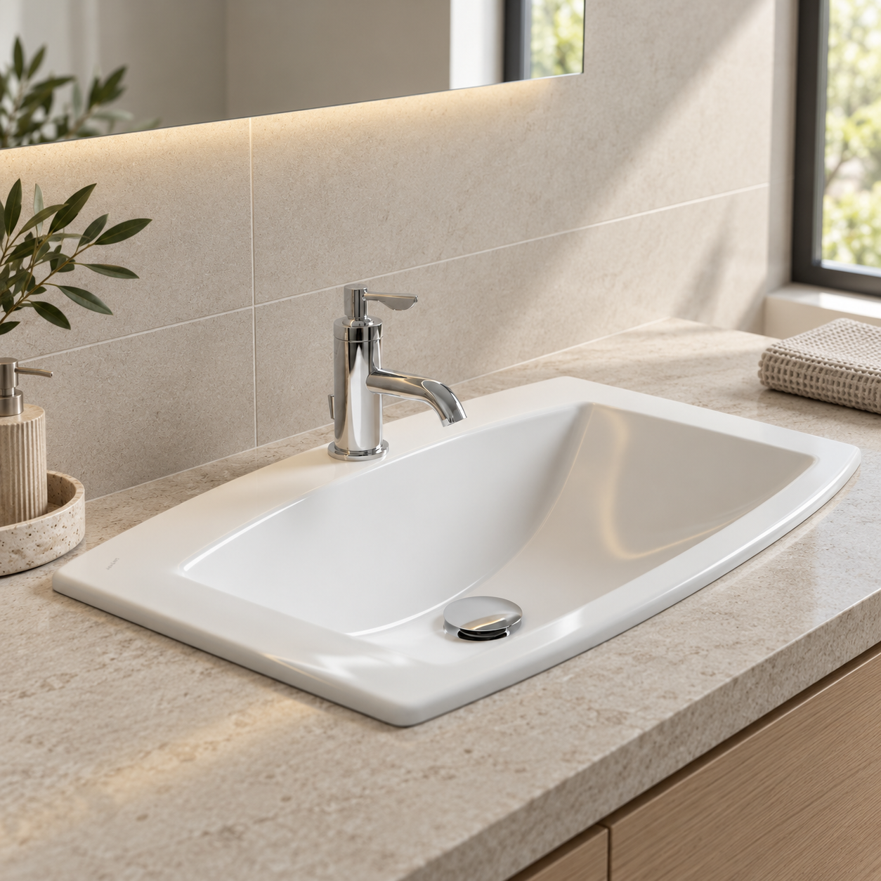Laufen Mylife 750mm ceramic drop-in basin installed in a contemporary bathroom vanity