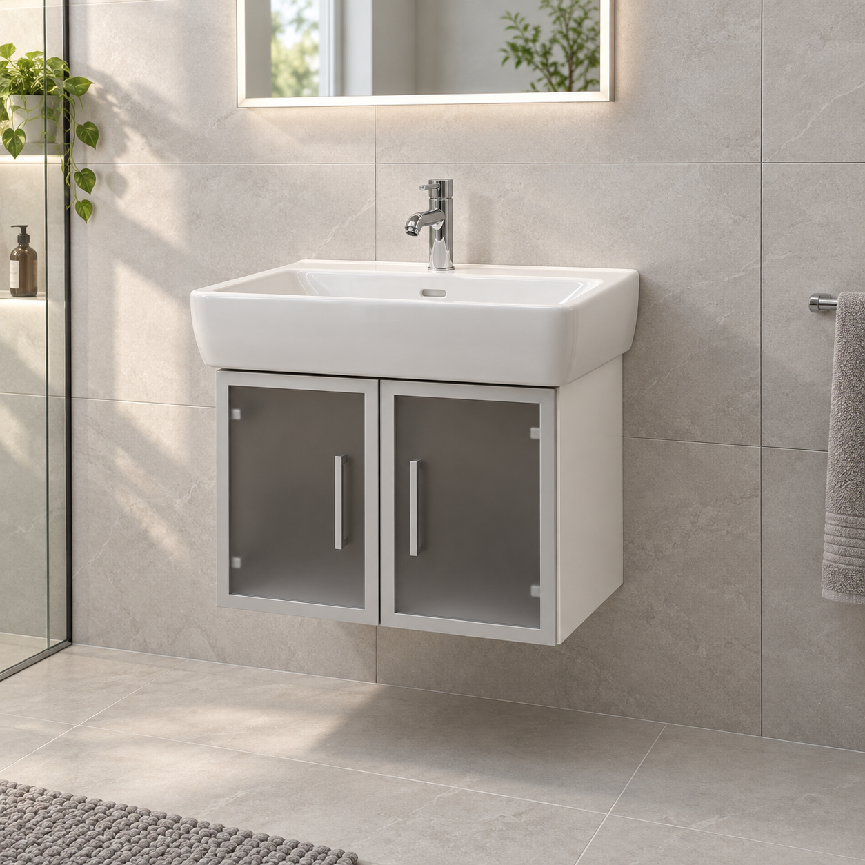 Laufen Pro 600mm wall-hung bathroom vanity installed in a contemporary bathroom