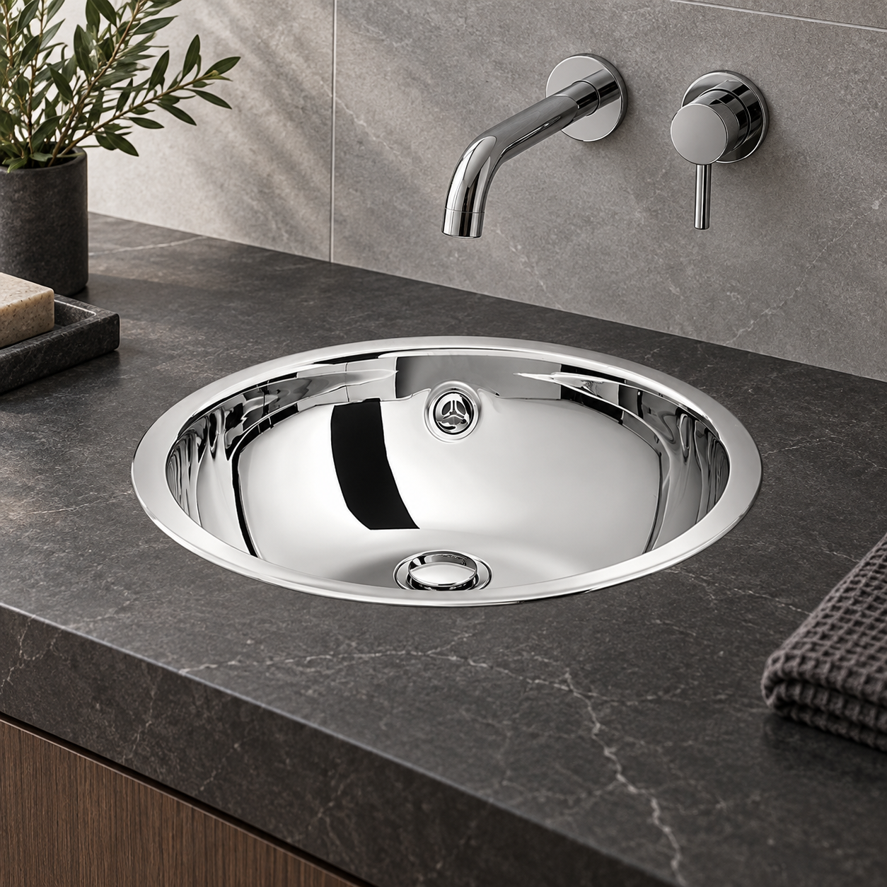 Lineabeta 440mm stainless-steel drop-in basin with flat rim installed in a bathroom vanity