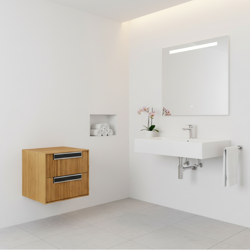 Bathroom Wall Unit, Natural Wood & Chrome, 2 Drawers - 81122.03 - Waiheke Bathrooms