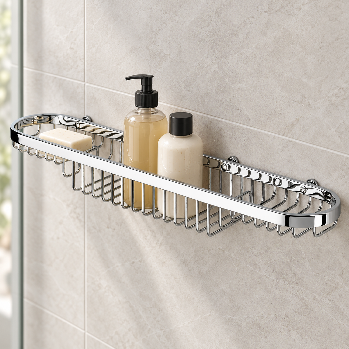 Geesa 1503 45cm chrome shower basket mounted in a tiled shower