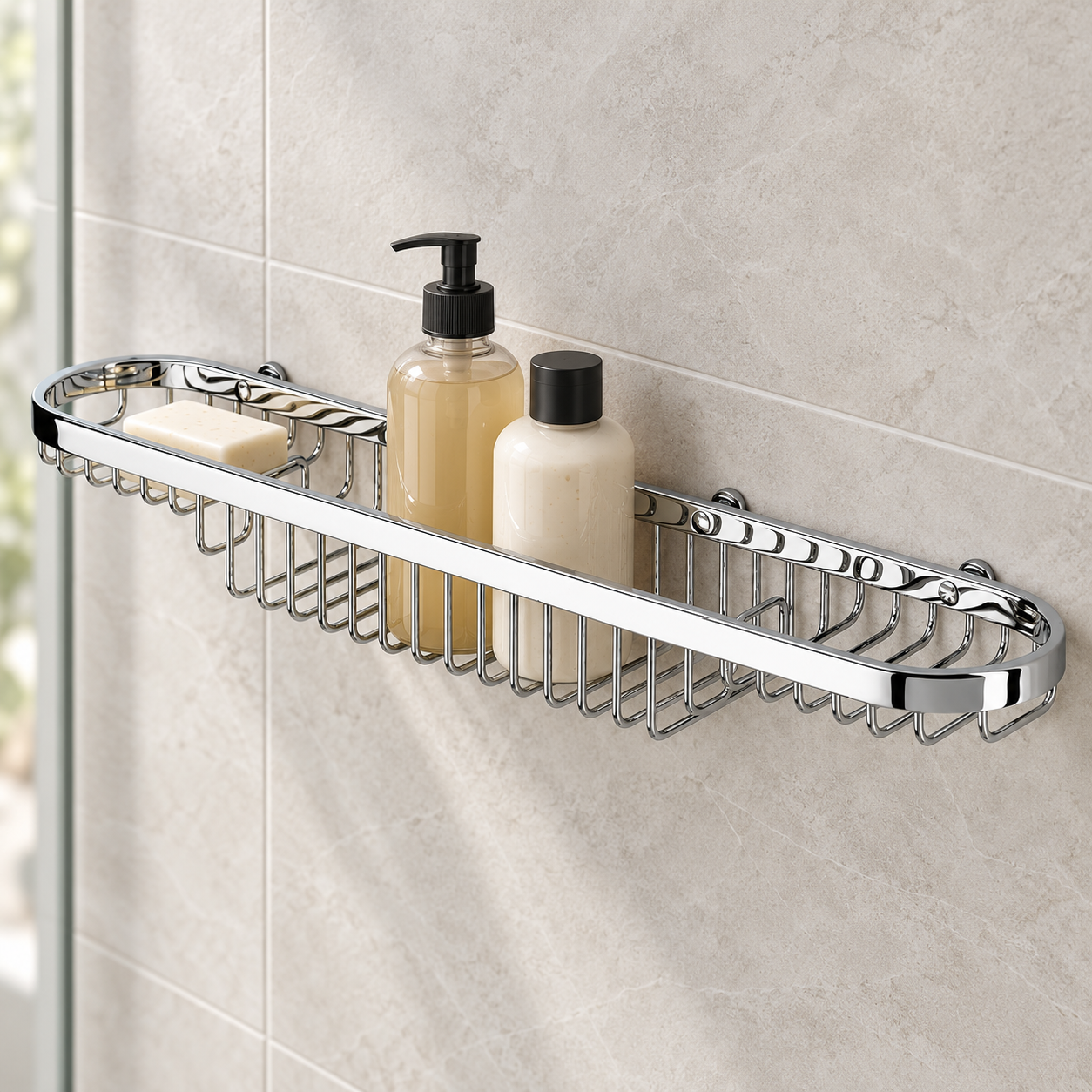 Geesa 1503 45cm chrome shower basket mounted in a tiled shower