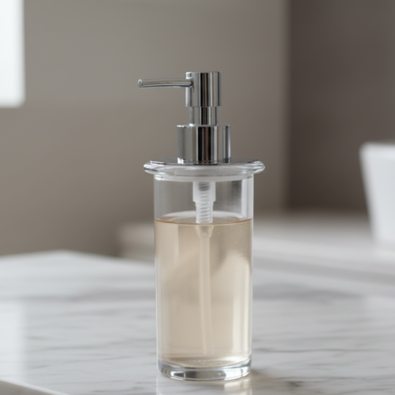 Lineabeta transparent glass soap dispenser on bathroom vanity