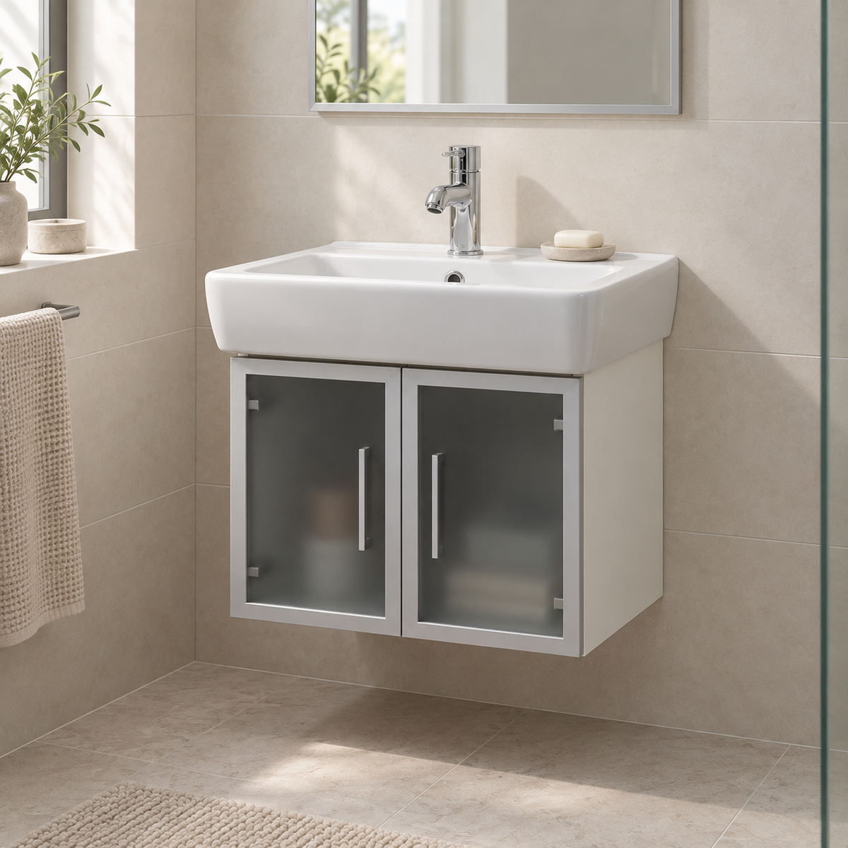 Laufen Pro 550mm wall-hung bathroom vanity installed in a contemporary ensuite