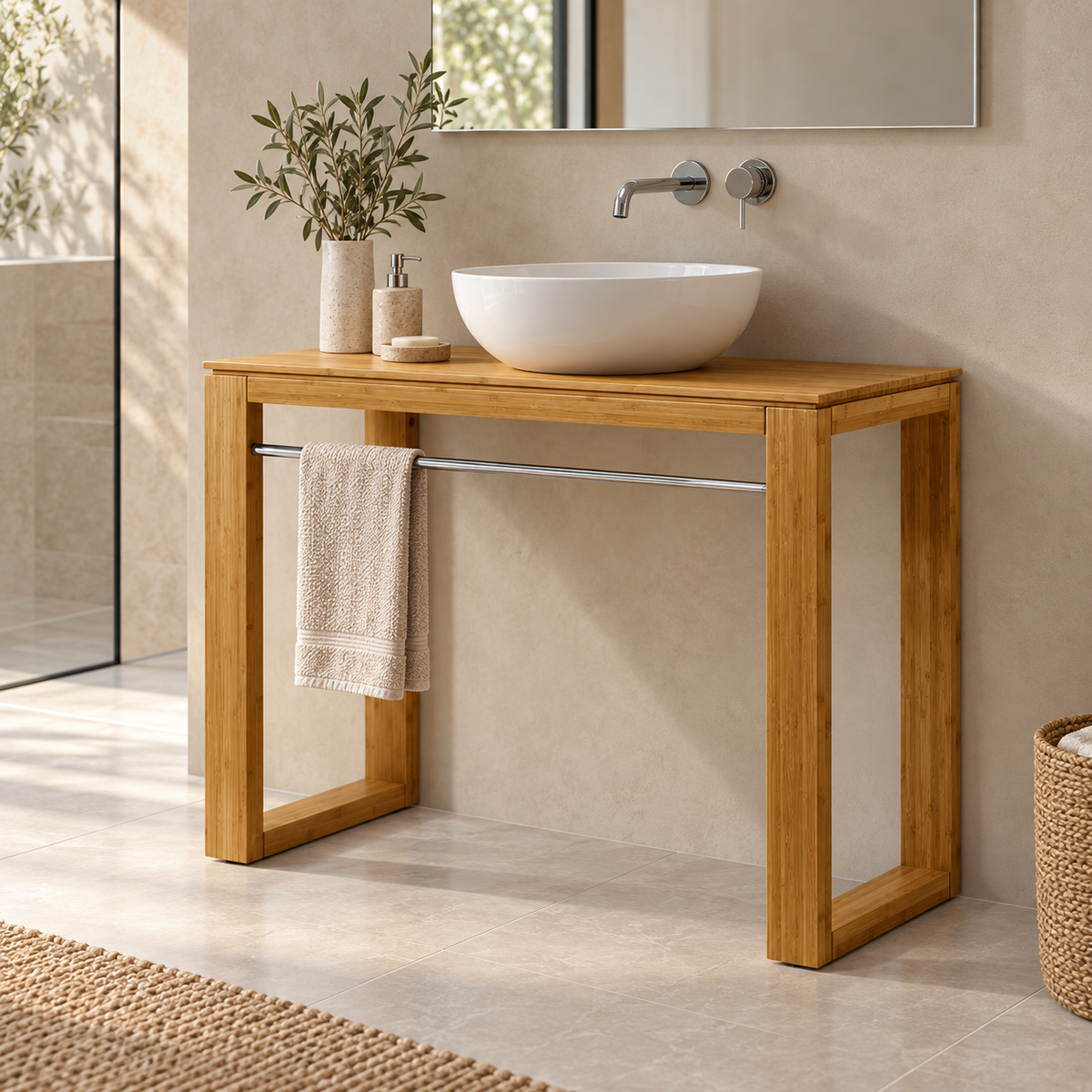 Lineabeta 1000mm bamboo bathroom washtable styled with a vessel basin