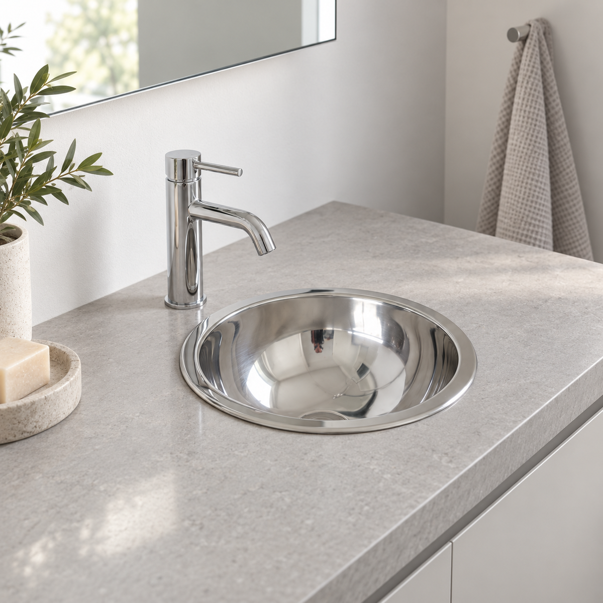 Lineabeta 280mm stainless-steel drop-in basin with flat rim installed in a bathroom vanity