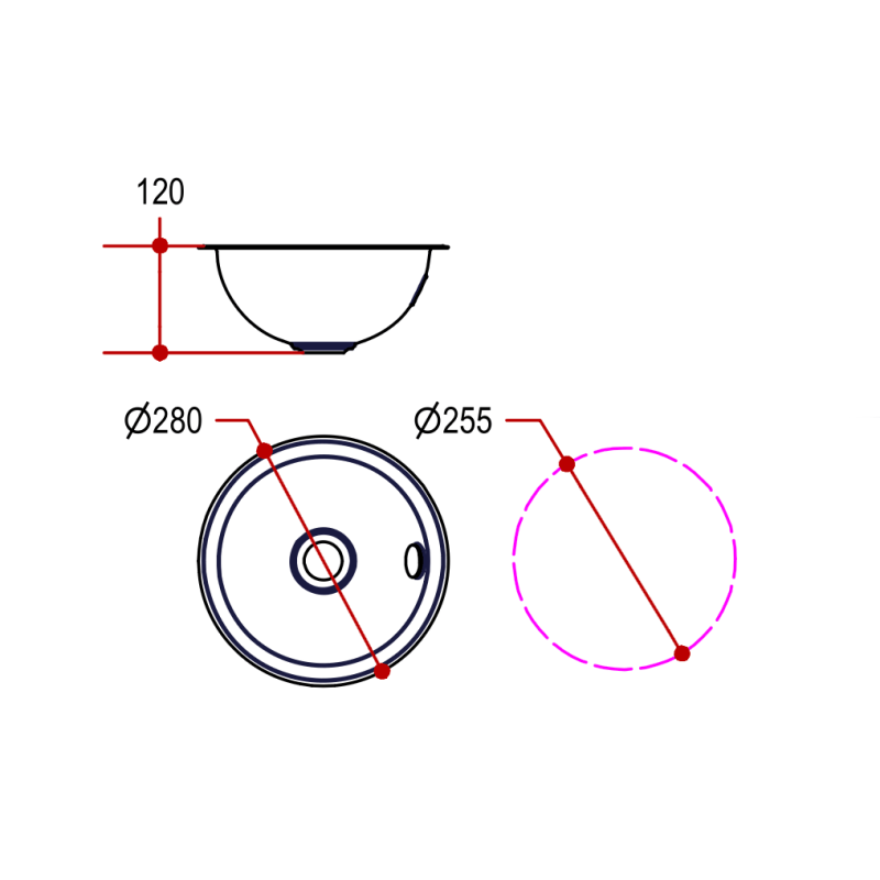Stainless Steel Drop - in Basin, Flat Edge, Ø 280mm - 53583 - Waiheke Bathrooms